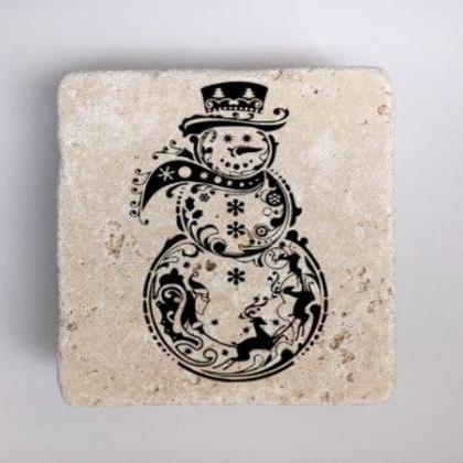 Snowman Coasters, Natural Stone Coasters Set Of 4,..