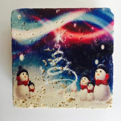 Snowmen Coasters, Natural Stone Coasters Set Of 4,..