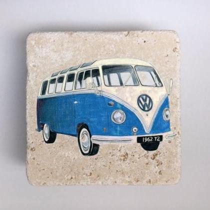 Blue Vw Bus, Natural Stone Coasters, Set Of 4,..