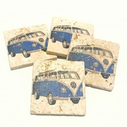 Blue Vw Bus, Natural Stone Coasters, Set Of 4,..