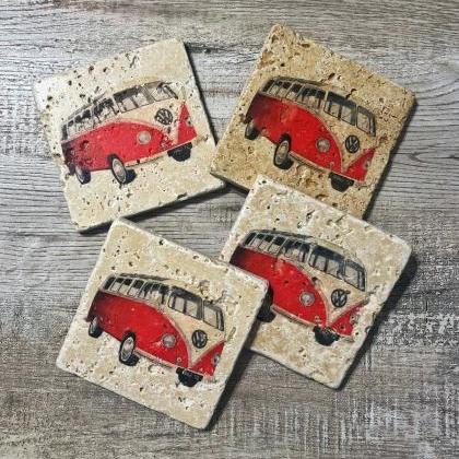 Red Bus Natural Stone Coasters Set Of 4 With Full..
