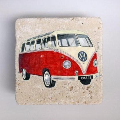 Red Bus Natural Stone Coasters Set Of 4 With Full..