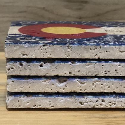 Coaster Set Colorado Lace State Flag Natural Stone..