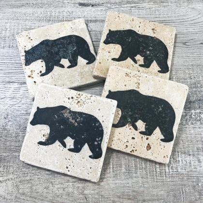Black Bear Premium Natural Stone Coasters Set Of..