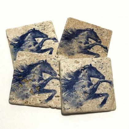 Watercolor Horse Blue Natural Stone Coasters, Set..