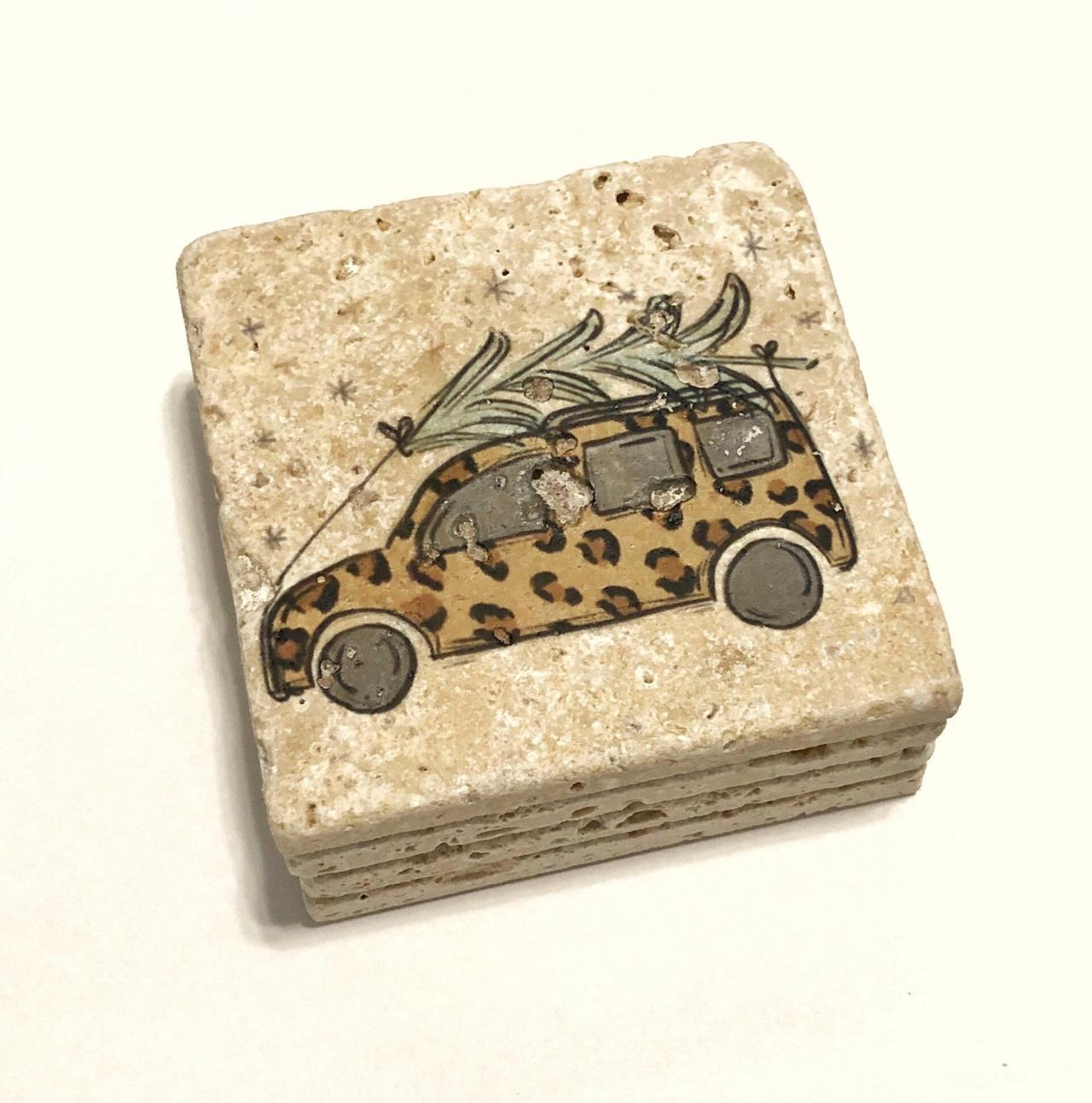 Cheetah Print Car With Christmas Tree, Natural Stone Coasters Set Of 4, Christmas Coasters, Holiday Decor