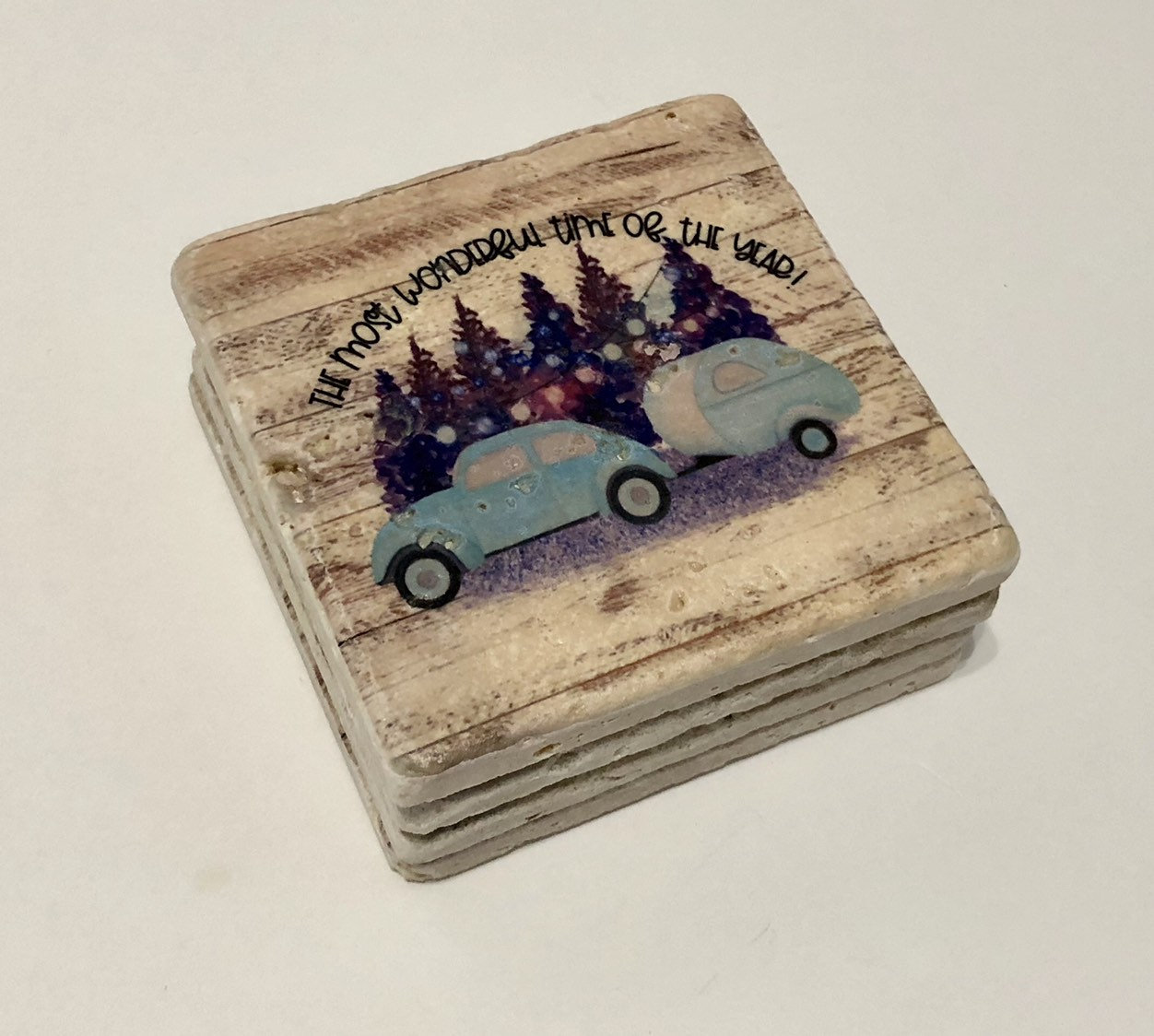 Blue Bug Christmas Coasters, Natural Stone Coasters Set Of 4, The Most Wonderful Time Of The Year