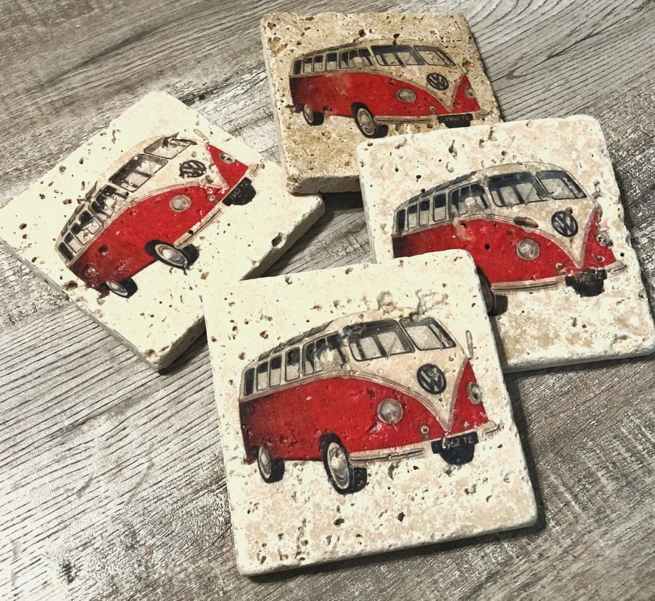 Red Bus Natural Stone Coasters Set Of 4 With Full Cork Bottom Vintage