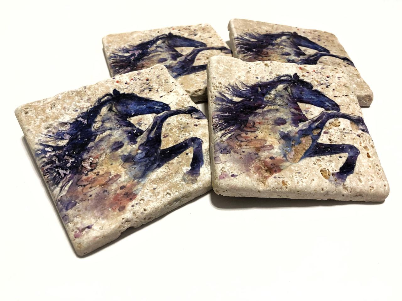 Purple Watercolor Horse, Premium Natural Stone Coasters, Set Of 4, Horse Coasters, Watercolor Coasters, Made In Usa