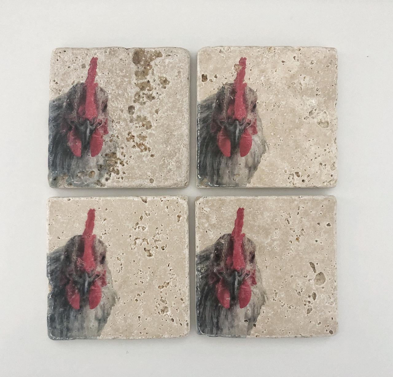 Chicken Coasters, Natural Stone Coasters Set Of 4, Farmhouse Decor, Rustic Rooster Coasters