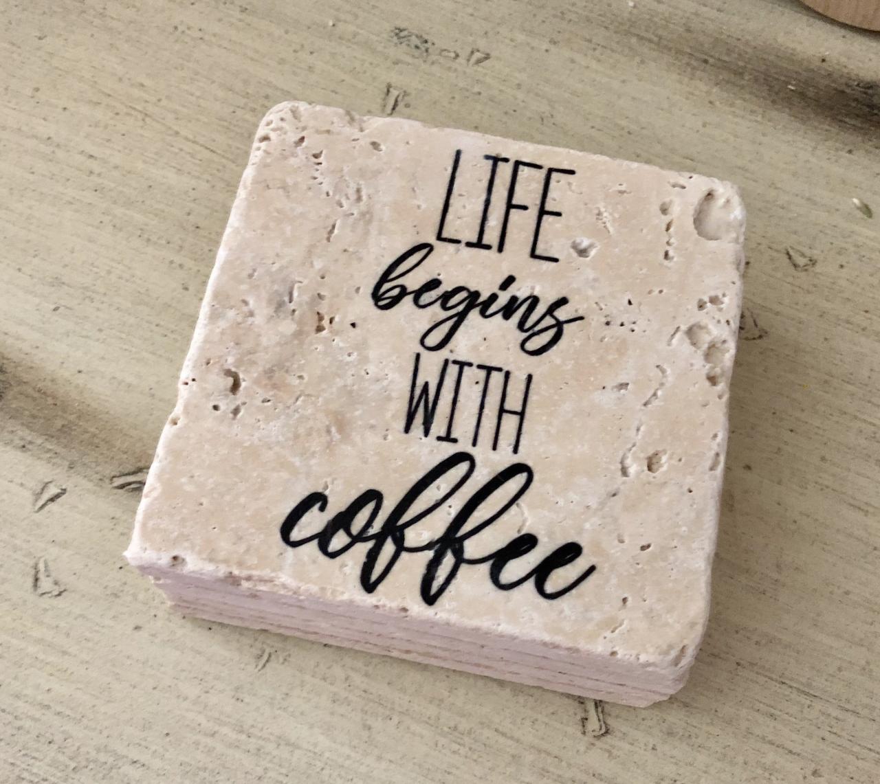 Life Begins With Coffee Premium Natural Stone Coasters, Set Of 4, Full Cork Bottom, Coffee Lover, Rustic Decor, Girlfriend Gift