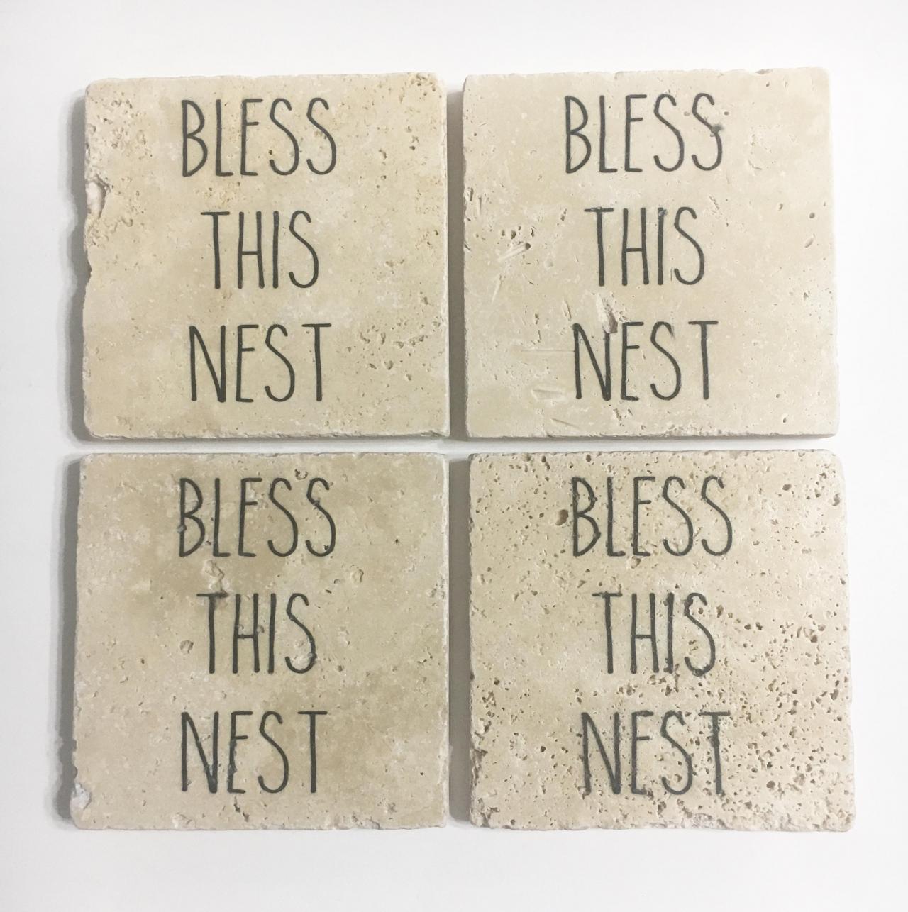 Bless This Nest Coasters, Rae Dunn Inspired, Natural Stone, Set Of 4
