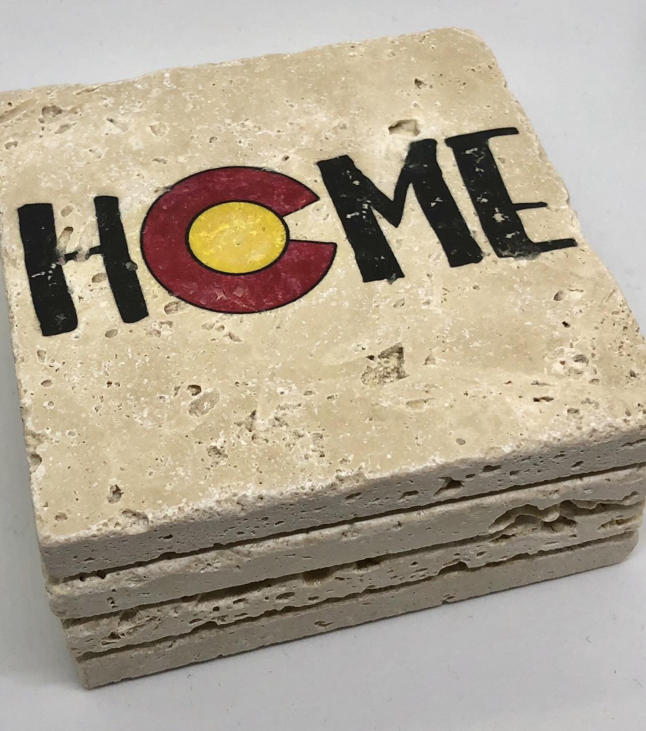 Colorado Home With State Flag Premium Natural Stone Coasters With Full Cork Bottom Colorado Coasters