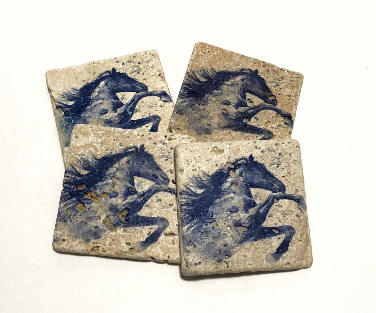 Watercolor Horse Blue Natural Stone Coasters, Set Of 4